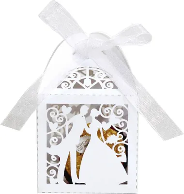 Image de 50 Pack Laser Cut Sweet Couple Wedding Favor Boxes, Party Favor Box, Petites Boîtes Cadeaux, Valentine Boîtes à Bonbons Avec Rubans
