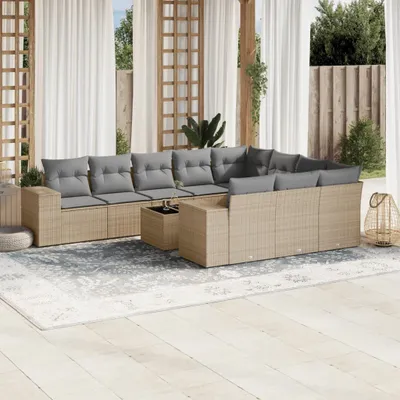 Produktbild von Design 11-tlg. Garten-Sofagarnitur mit Kissen Beige Poly Rattan, Gartenmöbel-Sets 2024 Neu