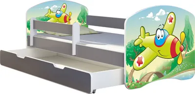Produktbild von ACMA Jugendbett Kinderbett Junior-Bett Komplett-Set mit Matratze Lattenrost und Rausfallschutz Grau 29 Flugzeug 180x80 + Bettkasten