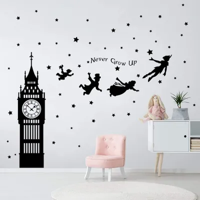Obrázek produktu pro Samolepka na zeď Peter Pan, Big Ben, nápis "Never Grow Up", samolepka na zeď do dětského pokoje, kojeneckého pokoje, ložnice, dekorace na zeď