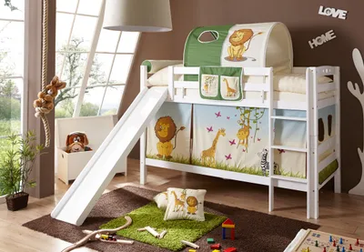 Produktbild von Etagenbett mit Rutsche "Lupo" Buche massiv Weiß Motiv (Safari)