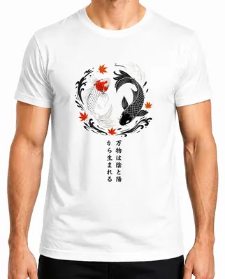 Imagen del producto de Camiseta para hombre, color blanco, talla 3XL, con diseño de carpa koi, símbolo yin yang, motivos japoneses, zen, estilo Y2K, y elementos asiáticos que representan la armonía