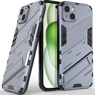 Produktbild von Armor Hülle für iPhone 15, Hybrid PC TPU Bumper Stoßfestes Schutzhülle mit Standfunktion Grau