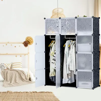 Produktbild von YZNAHRE Kleiderschrank 105 cm Breit Garderobenschrank Steckregalsystem mit 12 Würfel DIY Kleiderschränke Kunststoffschrank mit Tür Regalsystem Schrank Standregal, Schwarz