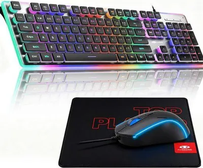 Produktbild von Gaming Tastatur & Maus Set – 104-Tasten RGB Tastatur & 6-Tasten Maus mit 7-Farben-Beleuchtung, 6 DPI-Stufen,USB,Ergonomisch,Pudding-Keycaps