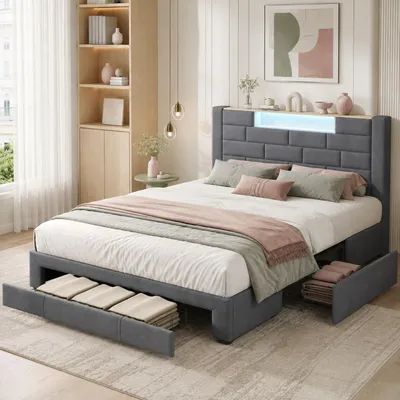 Zdjęcie produktu dla Łóżko młodzieżowe INONEFT, podwójne, 140x200 cm, łóżko tapicerowane z oświetleniem LED i portem USB typu C, łóżko z pojemnikiem na pościel i 3 szufladami, stelaż łóżka z listwami, tkanina welwetowa, kolor szary