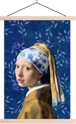 Produktbild von MuchoWow® Textilposter Mädchen mit Perlenohrring - Delfter Blau - Vermeer - Blumen - Gemälde - Alte Meister 120x180 cm mit holzfarbenen Rahmen - Textil-Plakat