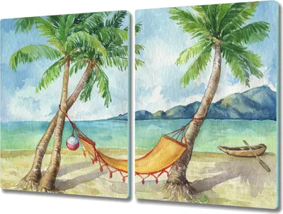 Produktbild von Coloray Kochplattenabdeckung Herdabdeckplatte 2x40x52 cm Hackbrett Schneidebrett Küchenbrett - Strand Hängematte Palm Meer