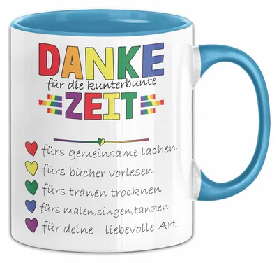 Produktbild von Erzieherin Abschiedsgeschenk Tasse Abschied Kindergarten Geschenkidee Kaffee-Becher Spruch Danke Für Die Kunterbunte Zeit (Blau)