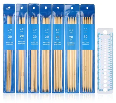 Obrázek produktu pro Sada pletacích jehlic z bambusu, dvoušpičkové, 35 kusů, 7 velikostí (2-5 mm), vhodné pro pletení ponožek a svetrů, včetně pravítka
