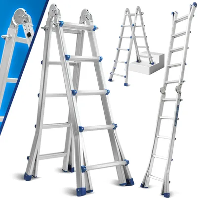 Produktbild von Aopunly Teleskopleiter Alu Leichtgewicht 4x5 Ebene Silber  multifunktion Multifunktionsleiter Mehrzweckleiter Ausziehbare  aus Hochwertigem Aluminium Belastbarkeit 150KG