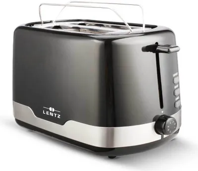 A black and silver two-slice toaster with a chrome rack on top, set against a white background.