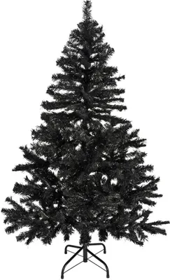 A black artificial Christmas tree on a white background.