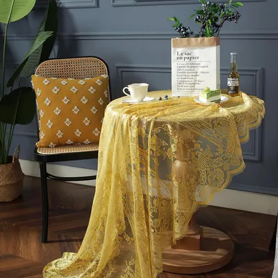 Immagine prodotto di Tovaglia rotonda in pizzo, colore giallo, motivo floreale, diametro 150 cm