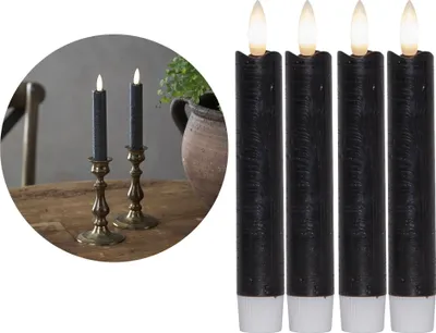Produktbild von Stabkerzen LED mit Timer SCHWARZ 4 Stück indoor 6 Stunden - ECHTWACHS 15cm Höhe für Kerzen 2,2cm Durchmesser 2 AAA Batterien notwendig LED Stabkerzen flackernde Flamme bewegliche Flamme Licht