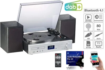 Produktbild von Auvisio MHX-620.DAB CD-Kompaktanlage, 2 Lautsprecher, 20 Watt RMS, CD, Plattenspieler, USB, Bluetooth