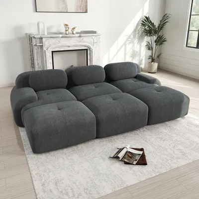 Image de Canapé sans structure, canapé modulaire 3 places avec 3 poufs en velours côtelé, assise 32D, ensemble de canapés pour le salon, aucun montage requis