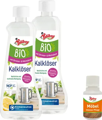 Produktbild von Poliboy 2er Kalklöser mit Möbel Probe - hygienisches & natürliches Entkalken - gegen Kalkablagerungen - Vegan - 2x500ml - 99A1601