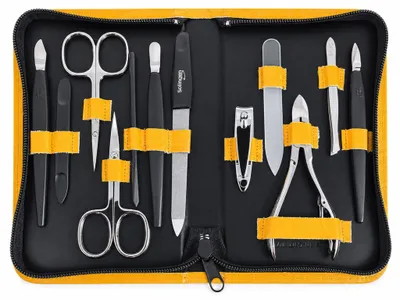 Produktbild von Maniküre Pediküre Set 12-teilig – Nagelpflege Set mit 5 Solingen Qualitätsinstrumenten, Echtleder Etui, gehärteter Stahl –  Germany Gelb, Kroko