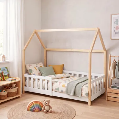 Obrázek produktu pro Dětská postel "Hesel" s bočnicemi pro ochranu proti vypadnutí, rošt 80 x 160 cm, bílá/přírodní