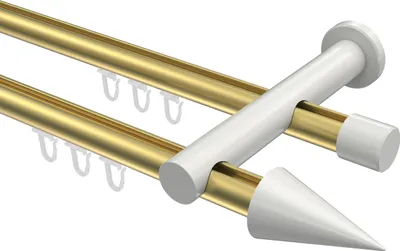 Produktbild von Interdeco Innenlaufstange / Gardinenstange mit Innenlauf Messing-Optik / Weiß, Typ Platon Savio (Kegel), 20 mm Ø 2-läufig, 160 cm