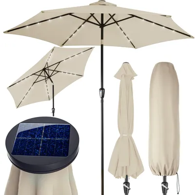 Obrázek produktu pro KINGSLEEVE® Slunečník s LED osvětlením UV ochrana 80+ Solární ochranný kryt 270 cm velký kličkový skládací balkonový terasový zahradní slunečník market béžový