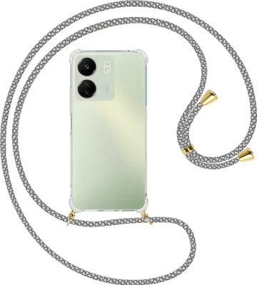 Produktbild von Handykette Backcover-Schutzhülle mit Band (Metall goldfarben) für Xiaomi Redmi 13C (6.71'') - weiß/grau kariert