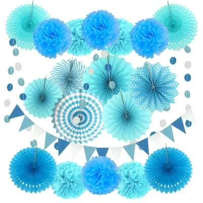 Productafbeelding van Partijdecoratieset, 21 stuks: blauwe papieren pompons, waaierversieringen, vlaggetjes en een guirlande