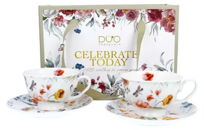 Image de DUO | Tasse à café - Tasse - 250 ml - Lot de 2 - Motifs floraux colorés - Soucoupe - Dans un coffret cadeau