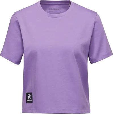 Lila kurzärmeliges Cropped-T-Shirt mit rundem Ausschnitt und schwarzem Mammut-Logo-Patch am Saum