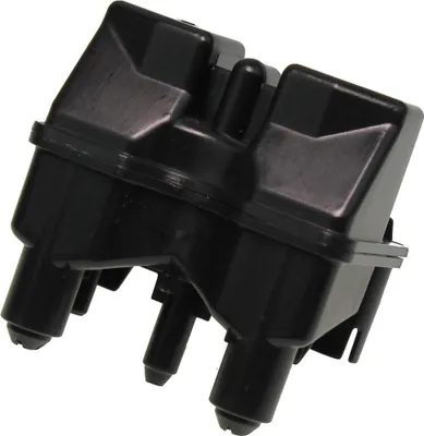 A black automotive part isolated on a white background.