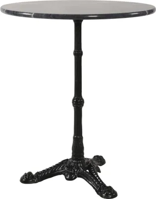 A round marble-topped table with a black ornate base and pedestal.
