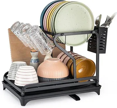 Produktbild von Unyqoos® Edelstahl Geschirrabtropfgestell mit Auffangschale – R‑Doppelstock, 360° ausziehbarer Ablauf, abnehmbarer Becher‑ & Besteckhalter, für 26 Schalen/10 Teller/4 Tassen