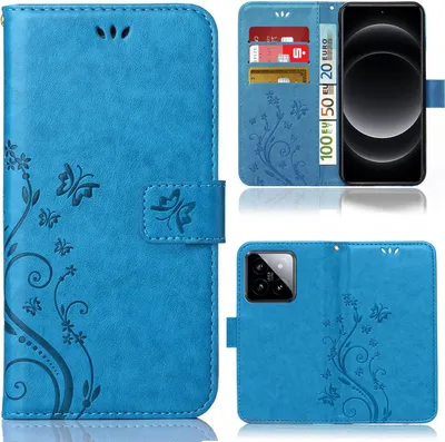 Produktbild von Handy Tasche für Xiaomi 14 Schutz Hülle Handyhülle mit Blumenmuster Klapp Hülle mit Standfunktion und Kartenfächer Blau