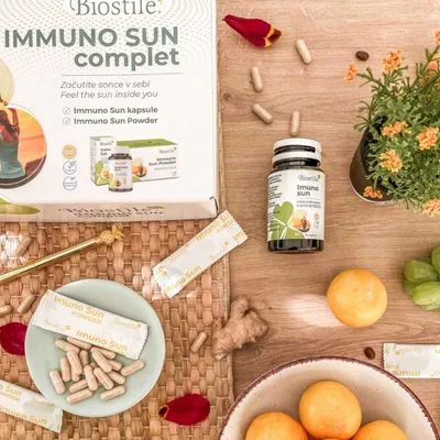 Produktbild von Biostile Immuno Sun Complet - 3800 IU vitaminu D3, vitamin C, B6, B12, kyselina listová, hořčík a extrakt z reishi