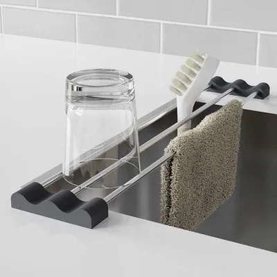 Produktbild von Ablage für die Küche über der Spüle – Abtropfgestell mit Geschirrtuchhalter – Küchenorganisation – Ausziehbarer Edelstahl – 30-55 cm – Schwarz