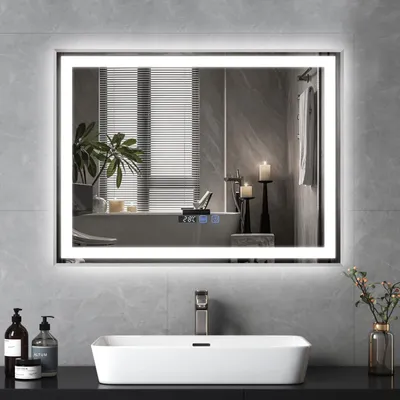 Image de Puluomis miroir de salle de bain 80x60 antibuée avec éclairage 3 couleurs, luminosité variable, miroir de salle de bain avec horloge digitale, température argentée