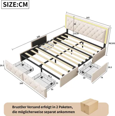 Zdjęcie produktu dla Łóżko tapicerowane ze sztucznej skóry – stelaż podwójny 160 x 200 cm – z szufladami – schowek – bez materaca – beżowe