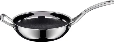 A studio shot of a wok on a white background.