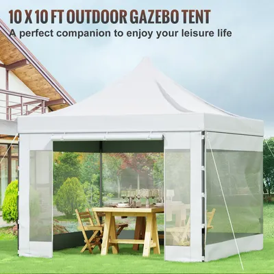 Image de Pavillon pliable 3x3 mètres. Pavillon pliable en polyester enduit de PVC, 240g/m². Pavillon pop-up, hauteur réglable de 1,95 à 2,13 mètres. Tente de fête, tente événementielle, tente de plage, couleur blanche, idéale pour les mariages ou autres activités commerciales