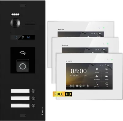 Produktbild von BALTER EVO HD Schwarz RFID/Fingerprint 3x7" Weiß Video Türsprechanlage Set 3 Familienhaus