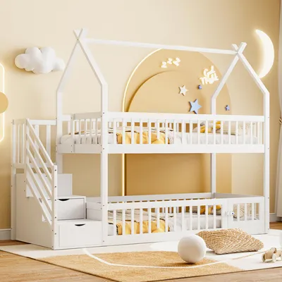 Produktbild von 90x200 Kinder-Etagenbett Massivholzbett mit Dach, Sicherheitstreppe und Stauraumschubladen, Stauraum Kinderbett Einzelbett weiß