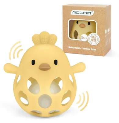 Produktbild von Greifball mit Rassel – Beißring Baby Silikon BPA-frei Hühnchenform Gelb