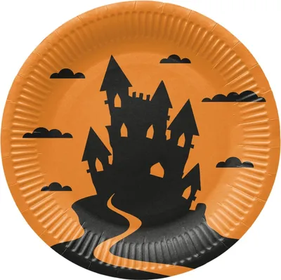 Produktbild von Runde Pappteller „Lustiges Halloween“, Durchmesser 23 cm, 8 Stück.