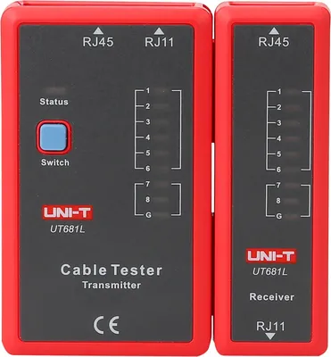A red and black cable tester with two modules, a transmitter and a receiver, shown against a dark background.