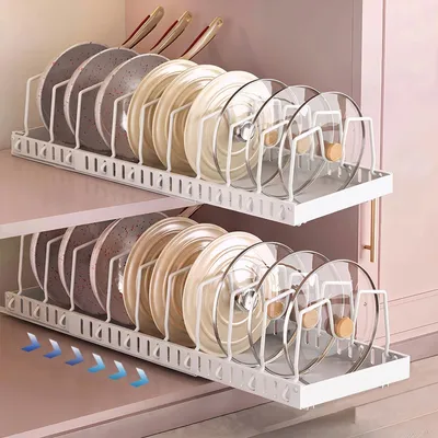 Produktbild von 2er-Set Topf- und Pfannenorganizer in Weiß mit 10 Trennwänden, ausziehbarer und verstellbarer Schrankorganizer zur Aufbewahrung