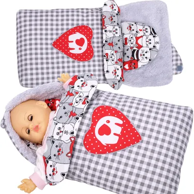 Obrázok produktu pre Becik BOBO s kapucňou pre bábiku do 45 cm, spací vak, zavinovačka do kočíka, postieľky - Sivá károvaná so slonom