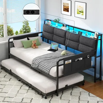 Produktbild von Schlafsofa Ausziehbett 90x200cm/180x200cm Grau mit LED & Ladestation