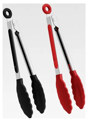 Produktbild von 2-teiliges Küchenzangen-Set | Silikon-Küchenzangen für Grillen, Kochen und Servieren | Hitzebeständige Küchenzangen für Antihaft-Pfannen | BPA-freie Edelstahl-Küchenutensilien - Schwarz & Rot