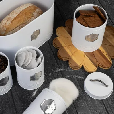 Image de Élégant set de 5 boîtes de rangement de cuisine pour le pain, les biscuits, le sucre, le café, le thé - Blanc